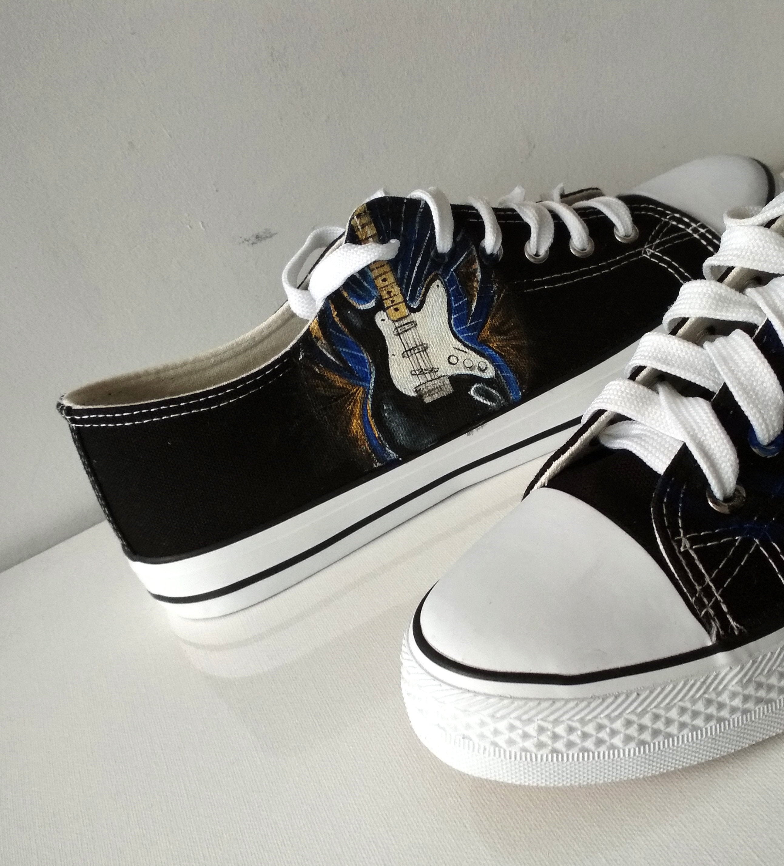 Electric Guitar Colorful Pattern Print Black Sneaker Shoes For Men Women
