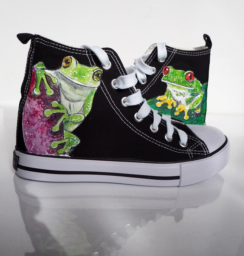 Hand painted high top sneakers with green frogs design