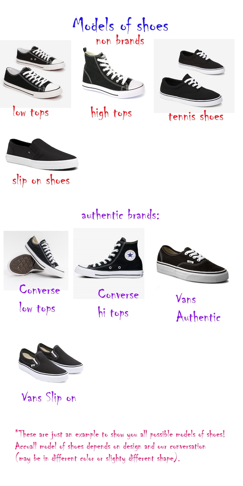 May include: A visual guide to different shoe styles, including low tops, high tops, tennis shoes, slip-on shoes, and Vans. The image shows both non-branded and authentic brand shoes, such as Converse and Vans.