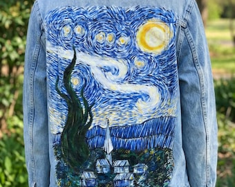 Hand-painted Starry Night Denim Jacket: Van Gogh Inspired Custom 