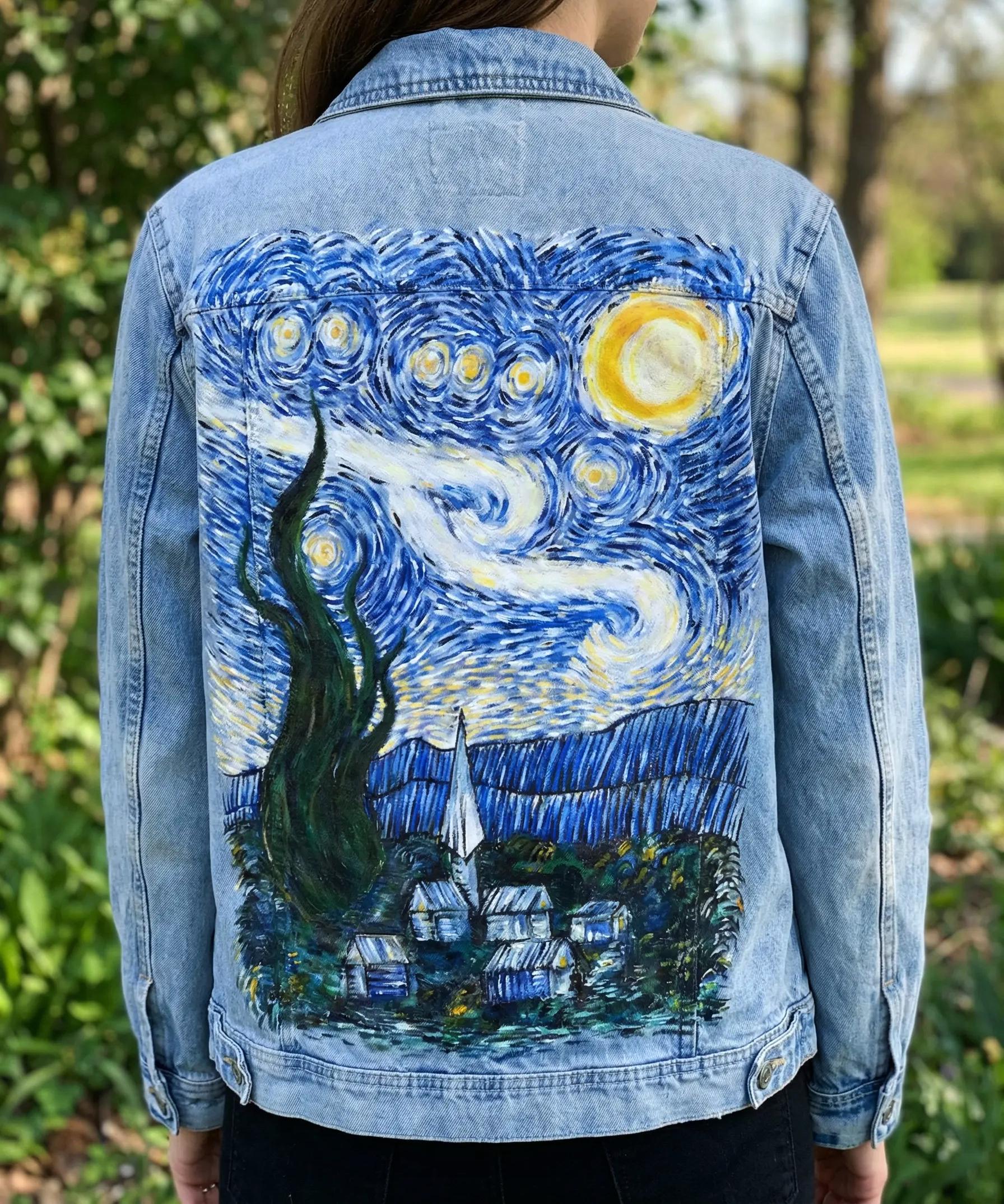Hand-painted Starry Night Denim Jacket: Van Gogh Inspired Custom
