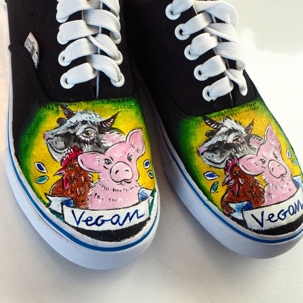 Scarpe Vegan Art dipinte a mano su misura, scarpe da ginnastica vegetariane, scarpe per amanti degli animali, scarpe da mucca, scarpe da ginnastica maiale