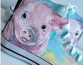 Custom hand painted pig toddler shoes, cute piglet, pig sneakers, pink piglet for kids