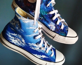 Custom hand painted Day and Night shoes, galaxy blue sky shoes