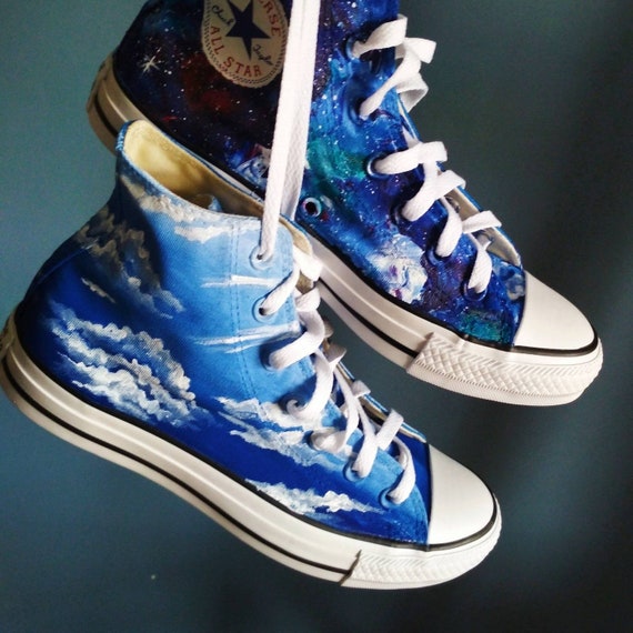 Custom Hand Painted Day & Night Shoes, Galaxy Shoes, Blue Custom Hand Painted Day & Night Shoes, Galaxy Shoes, Blue