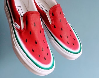 Hand painted Watermelon Slip On Shoes, Custom watermelon sneakers, Spring red watermelon slip ons