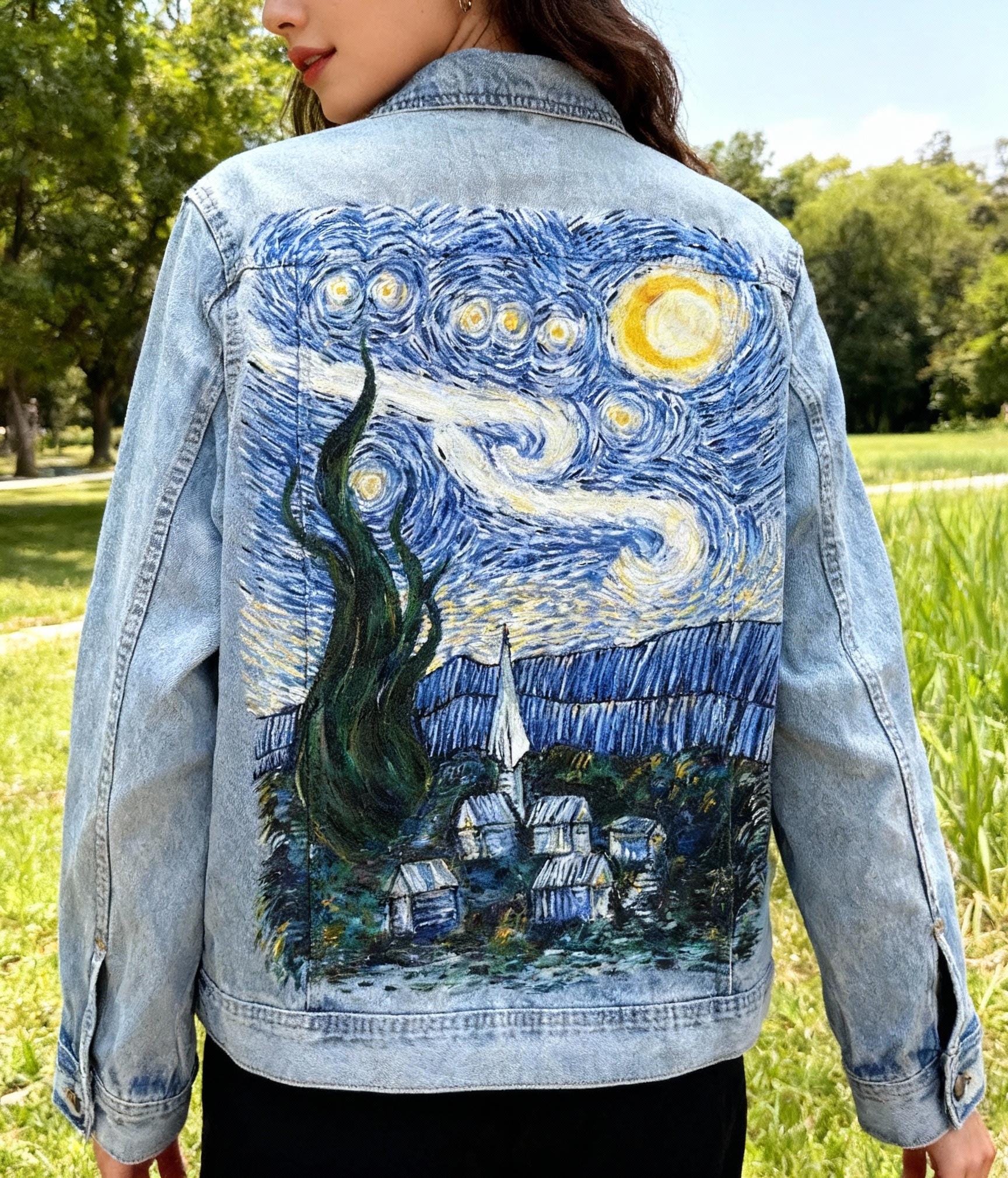 Hand-painted Starry Night Denim Jacket: Van Gogh Inspired Custom