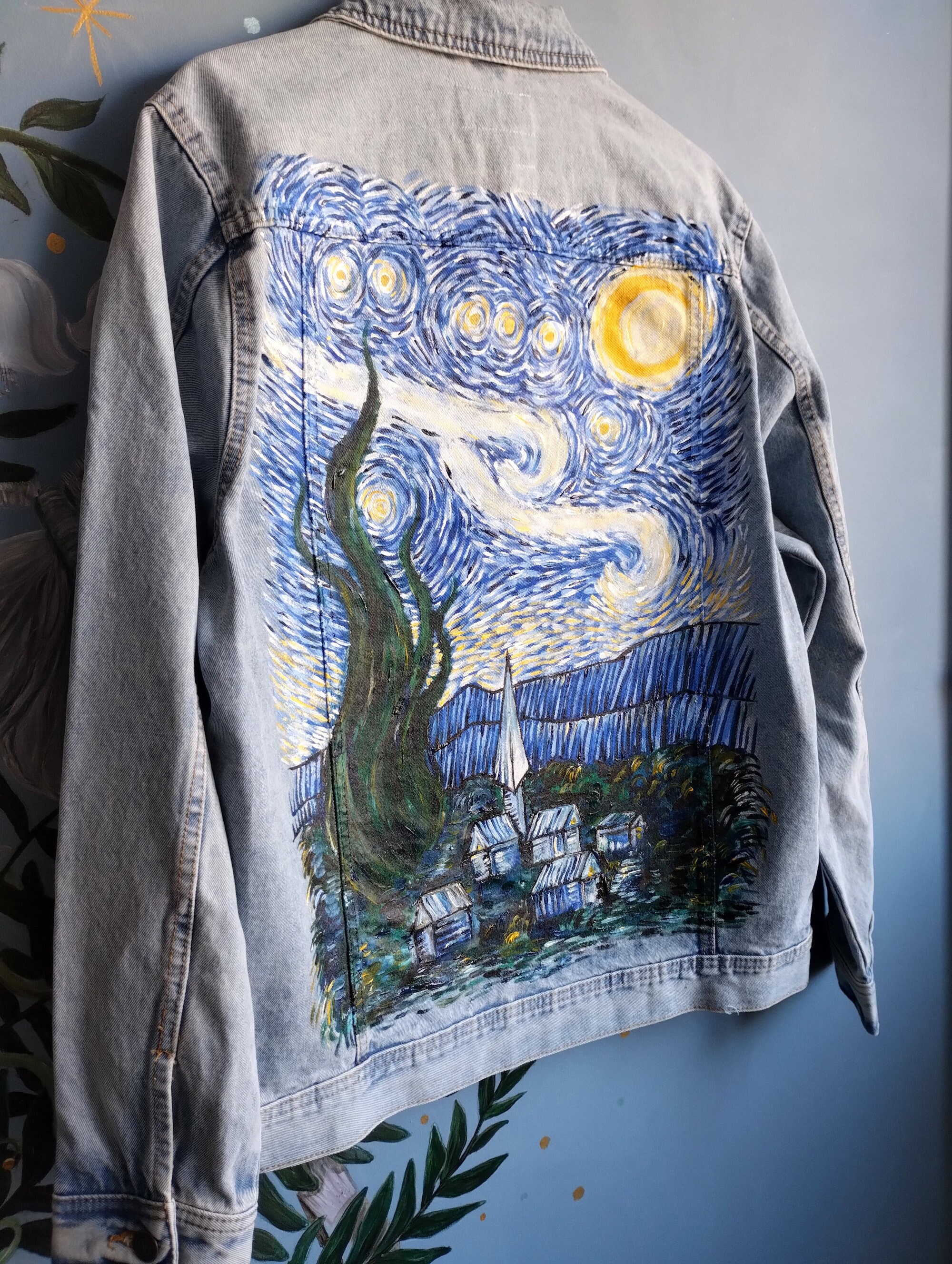 手描きの星空の夜のデニムジャケット：ゴッホ風のカスタムジーンズ 