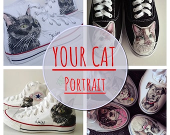 Custom Cat portrait, hand painted shoes with YOUR CAT,  custom cat sneakers, pet portrait, cat lover gift, cat mom gift shoes