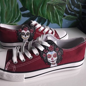 Custom hand painted Santa Muerte shoes Santa, La Catrina shoes, Sugar skull sneakers shoes, Halloween Skull Shoes