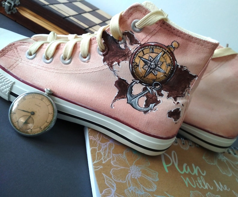Custom Travel Shoes World map Shoes Compass Shoes Sailor gift Travel lover gift Anchor Sneakers