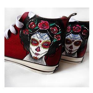 Hand-Painted Santa Muerte Shoes: La Catrina Skull Gothic Sneakers