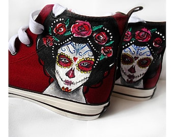 Hand-Painted Santa Muerte Shoes: La Catrina Skull Gothic Sneakers