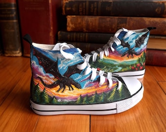 Hand-Painted Dragon Sneakers: Fantasy Book-Inspired Shoes