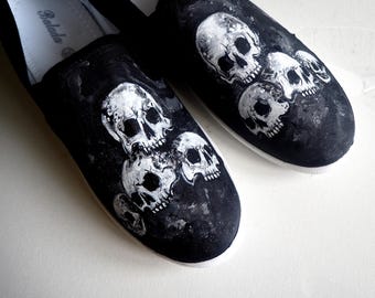 Custom Hand-Painted Skull Slip-On Shoes: Horror Macabre Design