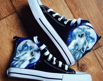 Hand-painted wolf and full moon shoes - custom night sky sneakers