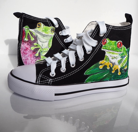 Hand-painted frog sneakers, nature inspired canvas shoes, animal lover gift, whimsical custom footwear
