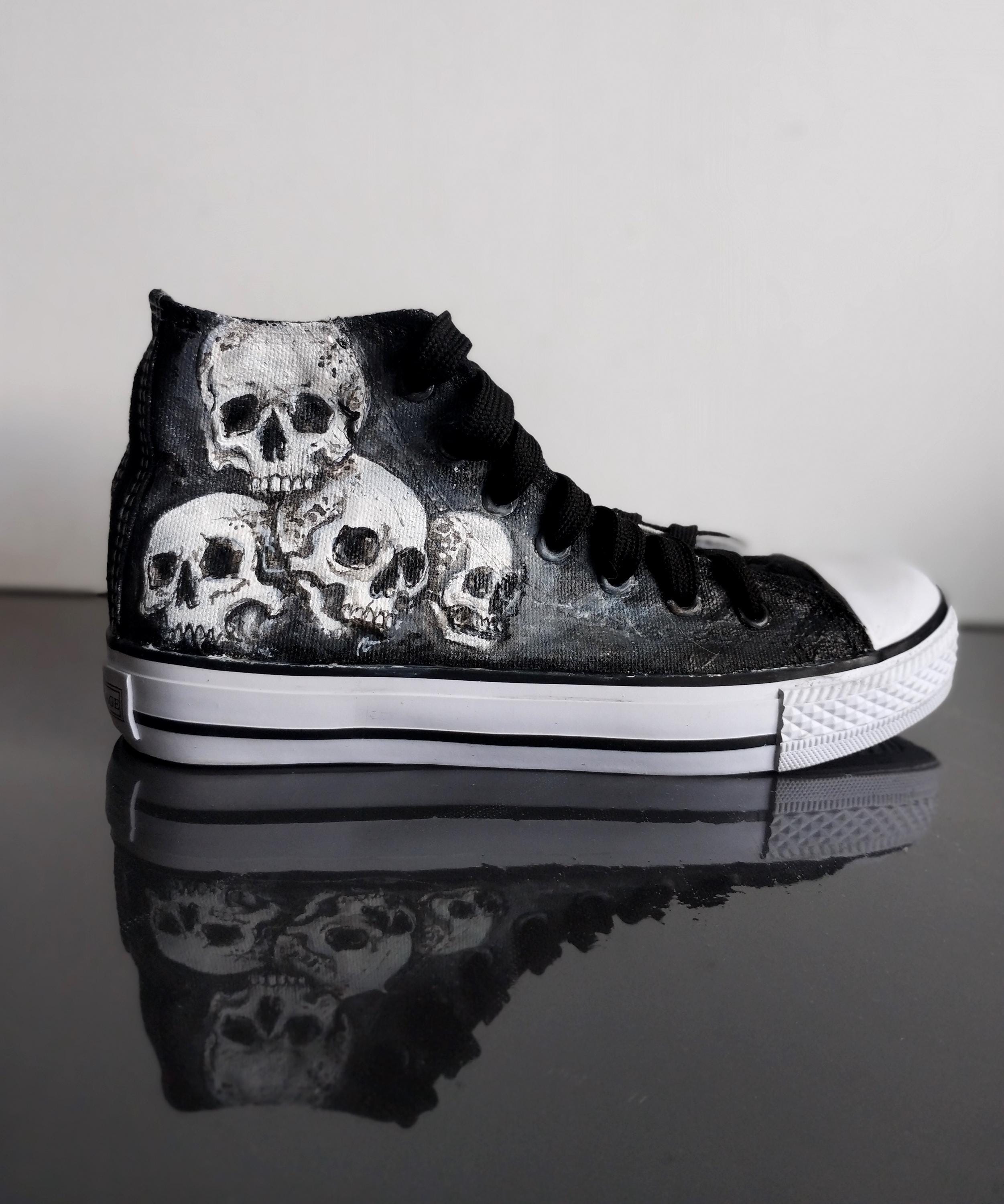 Hand Painted Skull Shoes – Dark Gothic Sneakers - Etsy display picture 2