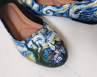 Bailarinas Van Gogh The Starry Night pintadas a mano, zapatos planos de boda Van Gogh, zapatos de ballet de fiesta de boda Starry Night, regalo para artista