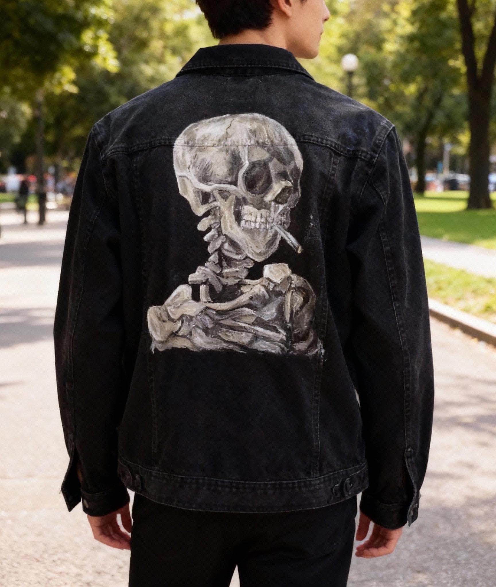 Hand-painted Van Gogh Inspired Denim Jean Jacket With Smoking 