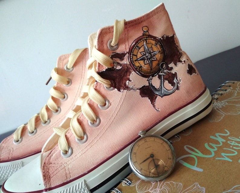 Custom Travel Shoes World map Shoes Compass Shoes Sailor gift Travel lover gift Anchor Sneakers