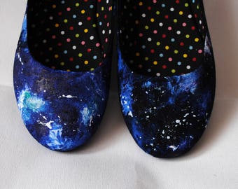 Hand-Painted Galaxy Ballerinas: Blue Space Flats, Prom Shoes