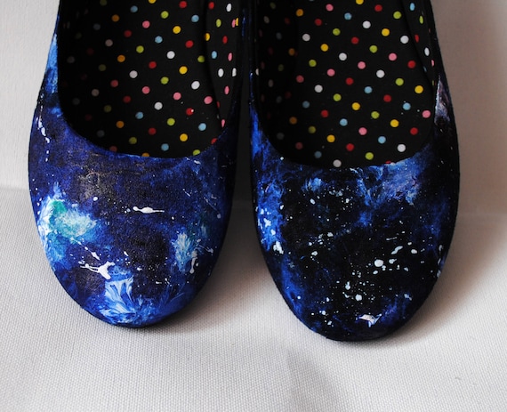 Hand-Painted Galaxy Ballerinas: Blue Space Flats, Prom Shoes