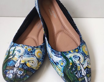 Hand-painted Starry Night ballet flats for art lovers, weddings & creative everyday style