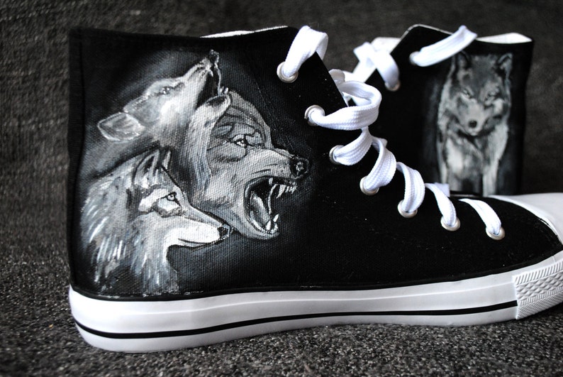 Personalized hand painted Wolf shoes, Wolves Shoes, custom wolf shoes, spirit animal shoes, woodland shoes 