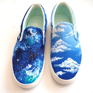 Custom hand painted Day and Night shoes, galaxy slip on, blue sky shoes, something blue sneakers