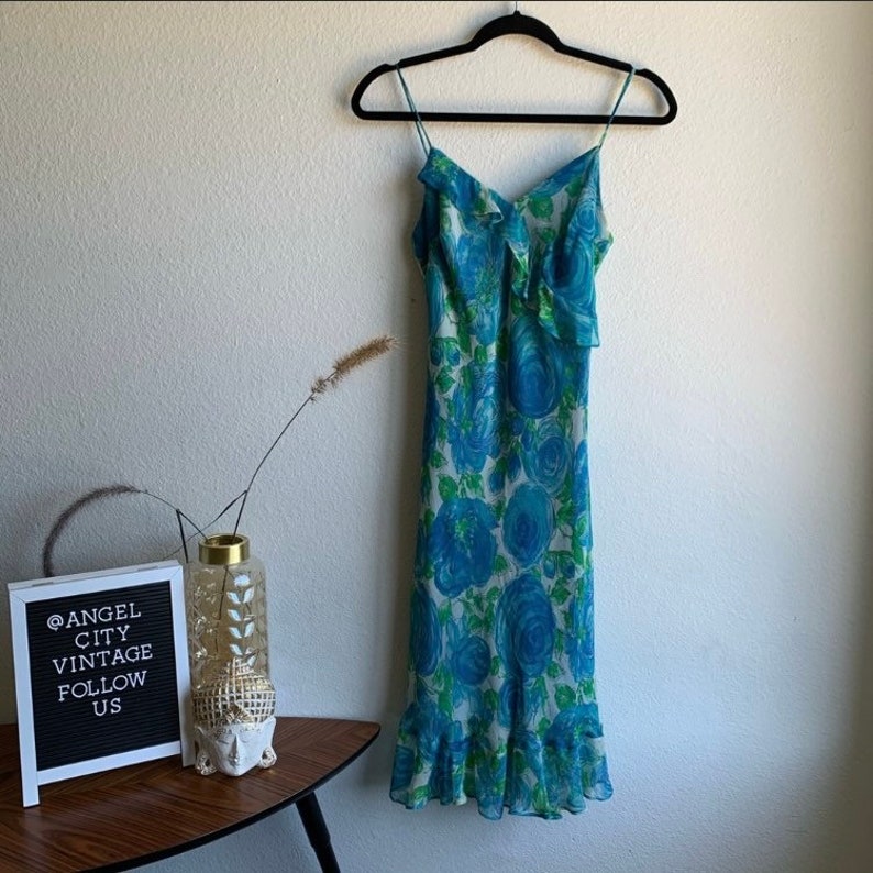 Vintage Mica Blue Floral Ruffle 90s Girly Dress