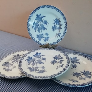 4 french  tableware, Clairefontaine, thistle blue transferware decor, Léon Graves designer,1894-1913 , art nouveau, terre de fer stamped