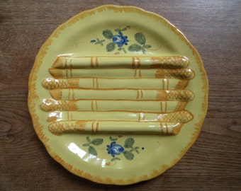 rare antique french asparagus plate , majolica from Martres Tolosane , Art deco period , handpainting , very nice condition   ; 8 available