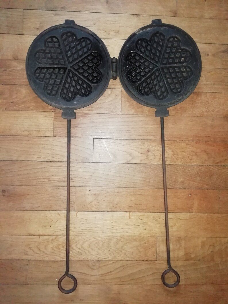 French antique large cast iron waffle maker with hearts Etsy