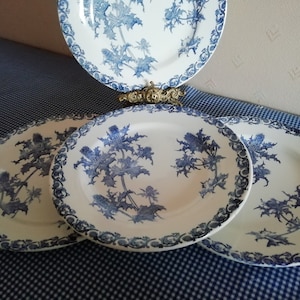 4 french  tableware, Clairefontaine, thistle blue transferware decor, Léon Graves designer,1894-1913 , art nouveau, terre de fer stamped