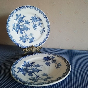 2 french  tableware, Clairefontaine, thistle blue transferware decor, Léon Graves designer,1894-1913 , art nouveau, terre de fer stamped