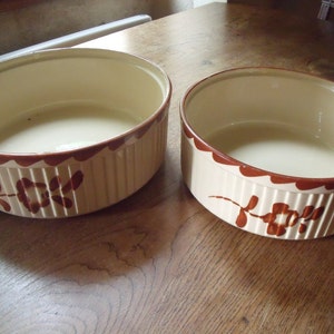 Two French antique ceramic cake pans from Sarreguemines , around 1930 , very nice condition ; from oven to table ; 2 different sizes