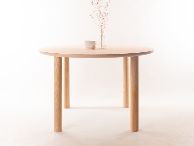 Kobe Round Dining Table // 4 People / Desk / Solid Ash Dowel Legs / Birch Plywood / Forbo Lino // Customise Design Materials image 1