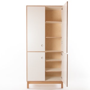 Sapporo White Cabinet // Wardrobe - Ash Feet / Plinth / Wheels - Baltic Birch Plywood / Forbo Lino / Laminate - Customise Design + Materials