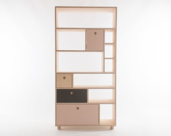 Bergen Tall Shelving Unit // Storage / Bookshelf with Drawers - Birch Plywood and Forbo Lino Drawers - Customise Design + Materials