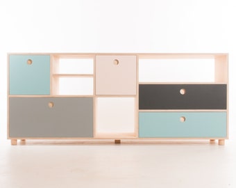 Umea Niedriges Regal // Bücherregal mit Schubladen // Birkensperrholz und Forbo Lino Schubladen // Design + Materialien anpassen