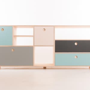 Umea Low Shelving Unit // Storage / Bookshelf with Drawers // Birch Plywood and Forbo Lino Drawers // Customise Design + Materials