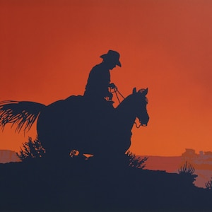 May include: Silhouette of a cowboy riding a horse against a bright orange sunset. The cowboy is wearing a hat and the horse has a long tail.