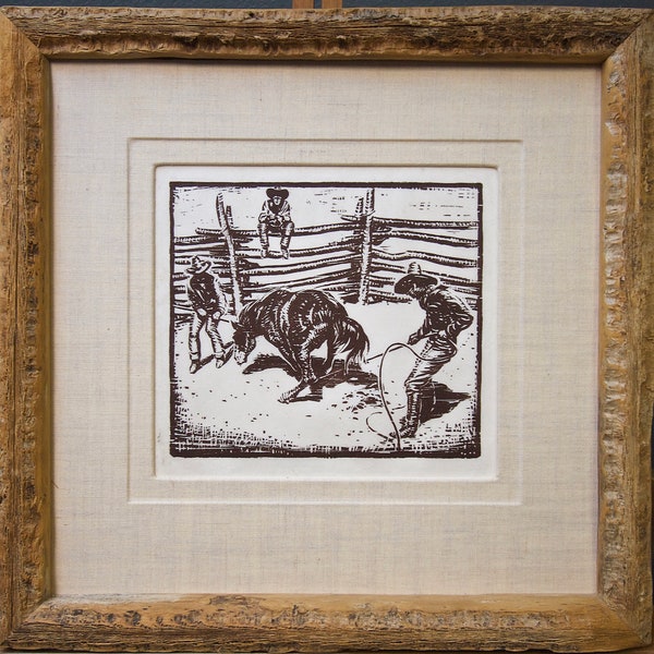 Bronc by Lon Megargee, Woodblock Print ca. 1920s with Handmade Saguaro Rib Frame HOLIDAY SALE!