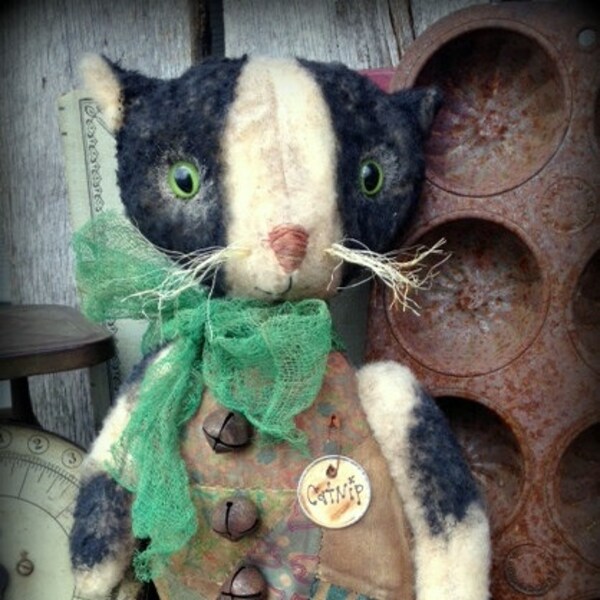 Primitive Folk Art Catnip the Cat-Doll-Plush Felt-Antique Crazy Quilt, Farmhouse, Vintage, FAAP, Hafair Team