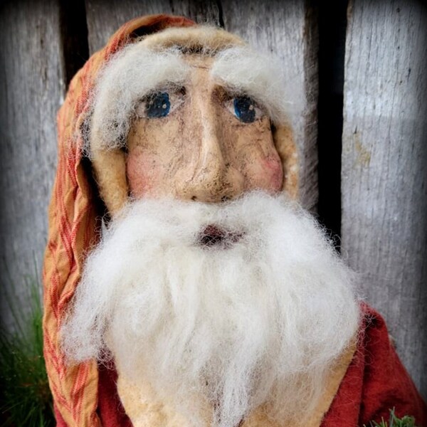 OOAK Primitive Folk Art St. Nick Paper Clay Face Santa Claus-Father Christmas, Candy Cane, Stocking, Primitive Decor, Home Decor, Christmas