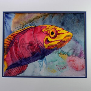 May include: Watercolor painting of a red and yellow fish with black stripes swimming in a blue and green underwater scene.