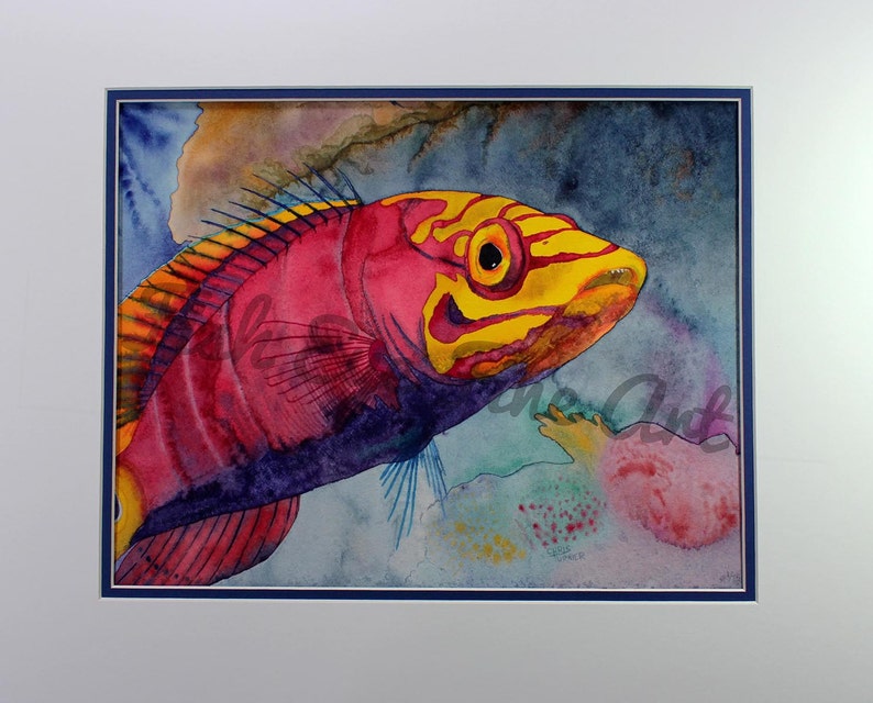 May include: Watercolor painting of a red and yellow fish with black stripes swimming in a blue and green underwater scene.