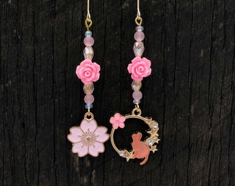 Pink and gold cat and flowers handmade dangle drop earrings.