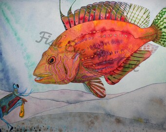 Watercolor Tropical Fish Art | Rooster Wrasse Rainbow Tropical Fish | High Quality Print